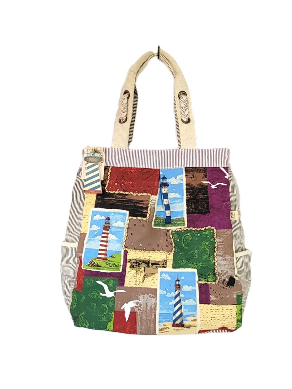 Paul Brent Sun N Sand Lighthouse Canvas Beach Tote Bag Patchwork Nautical Large